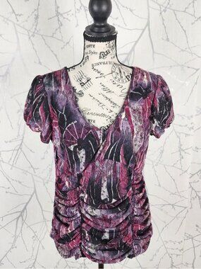 Clientele Purple Abstract Print Lace Overlay Babydoll Ruched Y2K Tee
